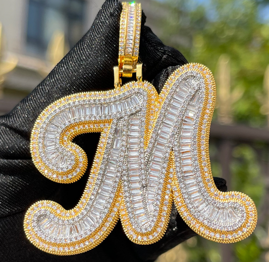 Custom Big Fancy Cursive Baguette Bubble Letter Necklace Name Pendant Chain Gold Silver Diamond Hip Hop Jewelry #43