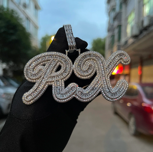 Custom Big Cursive Baguette Bubble Letter Necklace Name Pendant Chain Gold Silver Diamond Hip Hop Jewelry #42