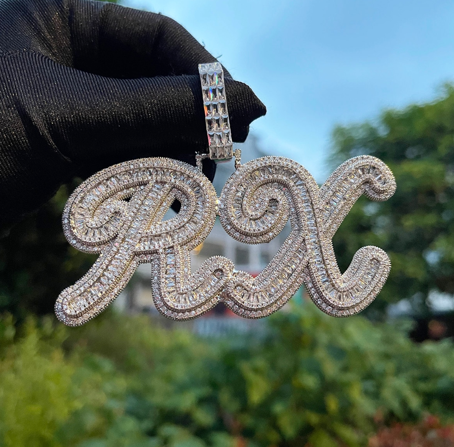 Custom Big Cursive Baguette Bubble Letter Necklace Name Pendant Chain Gold Silver Diamond Hip Hop Jewelry #42