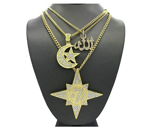 Circle 7 Chain Koran Necklace 5 Percenter Arabic Chain Muslim Star Crescent Moon Islamic Allah Necklace Moorish Jewelry N.O.I Simulated Diamond Gold Color Metal Alloy 24in.