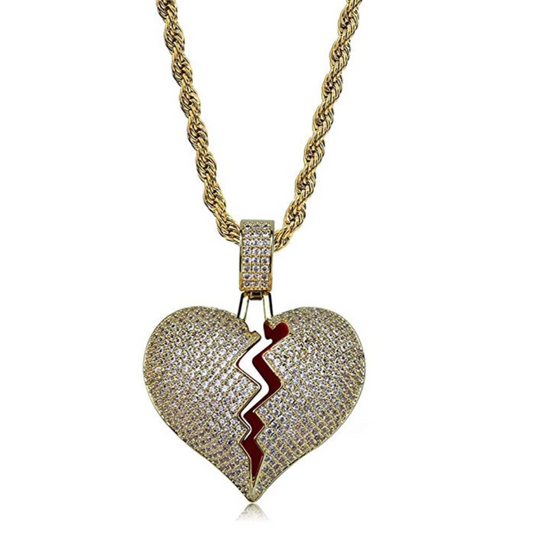 Broken Heart Necklace Heart Break Hip Hop Silver Gold Color Metal Alloy Simulated Diamonds 24in.