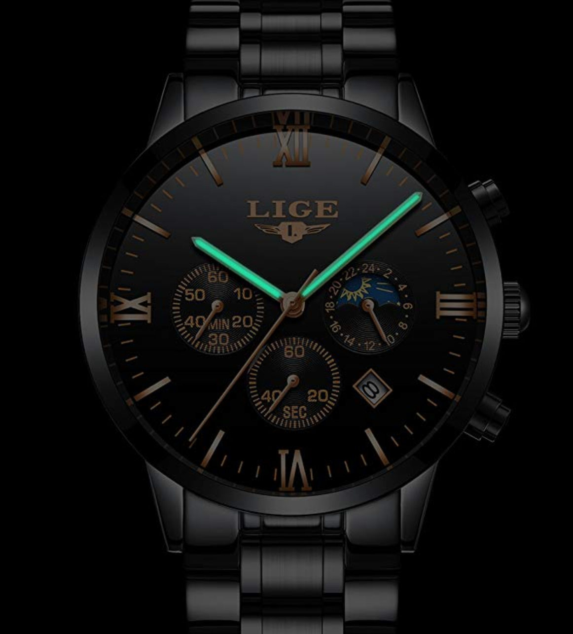 Black Glow in the Dark Men's Luxury Business Quartz Watch. Fashion Analog Chronograph Wrist Watch