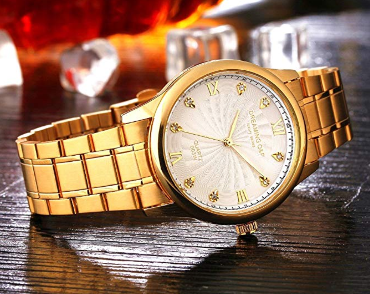 Yellow Gold Men's Luxury Business Quartz Sports Watch with CZ Diamonds (White Face)