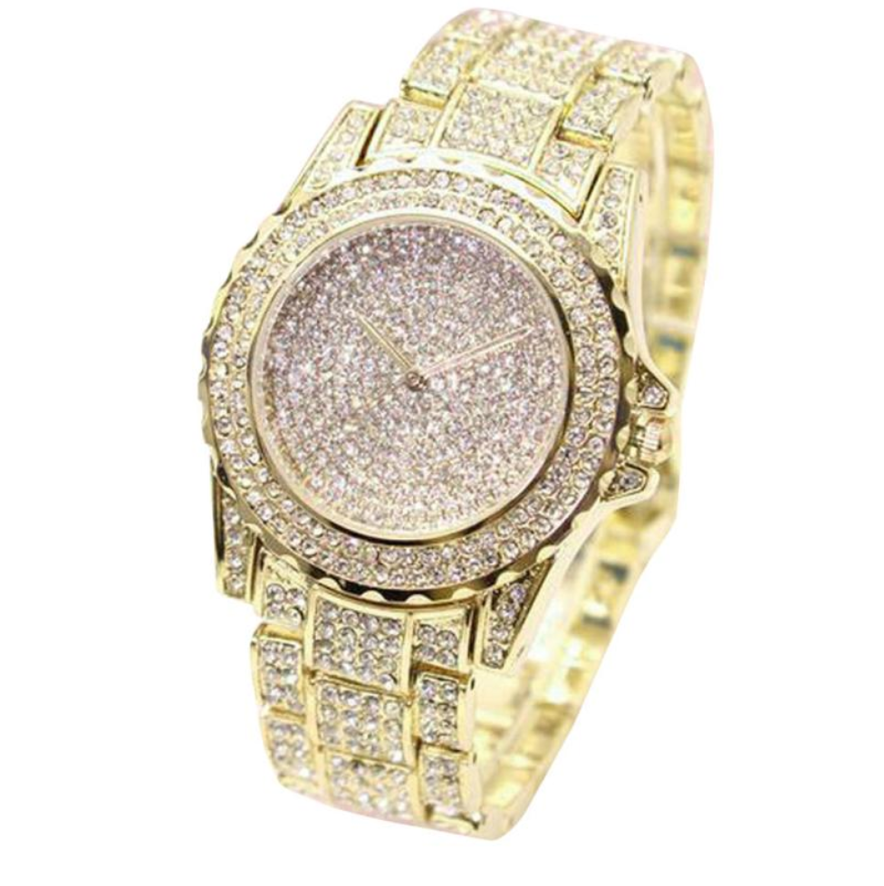 Simulated Diamonds Bust Down Gold Color Watch Iced Out Watch Bling Jewelry Hip Hop Rapper Lab Diamond Watch