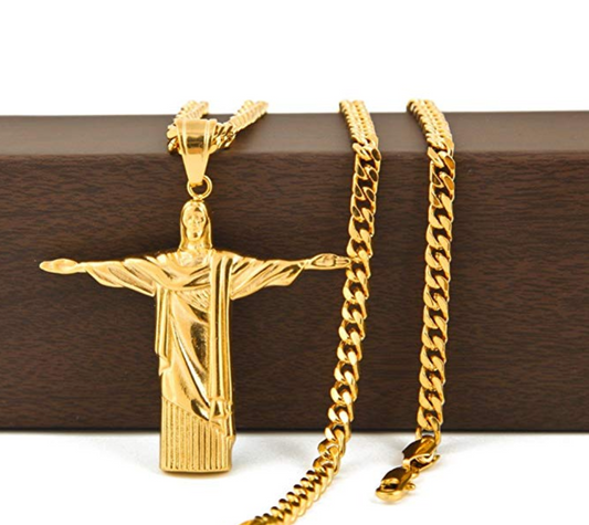Brazil Rio De Janeiro Necklace Jesus Christ Chain Christ The Redeemer Cross Pendant Statue Gold Silver Color Metal Alloy 24in.