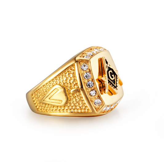 Gold Color Freemason Ring Simulated Diamond Ring Masonic Jewelry Regalia Gift Working Tools Ring