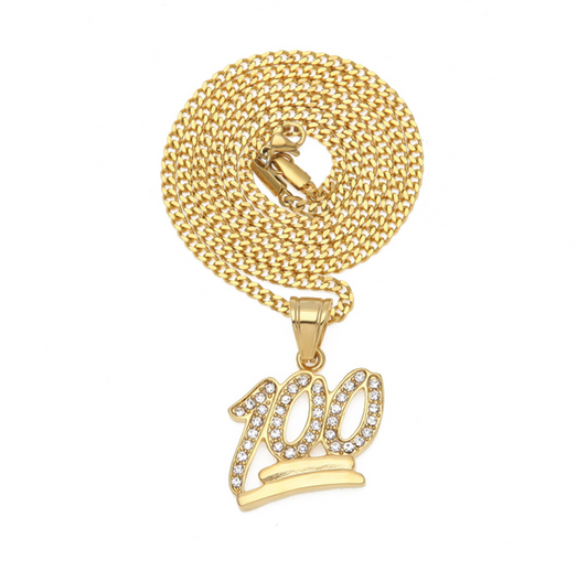 Emoji Necklace 100 Pendant 100 Chain Hip Hop 100 Bling Necklace Gold Color Metal Alloy Chain Simulated Diamond 24in.