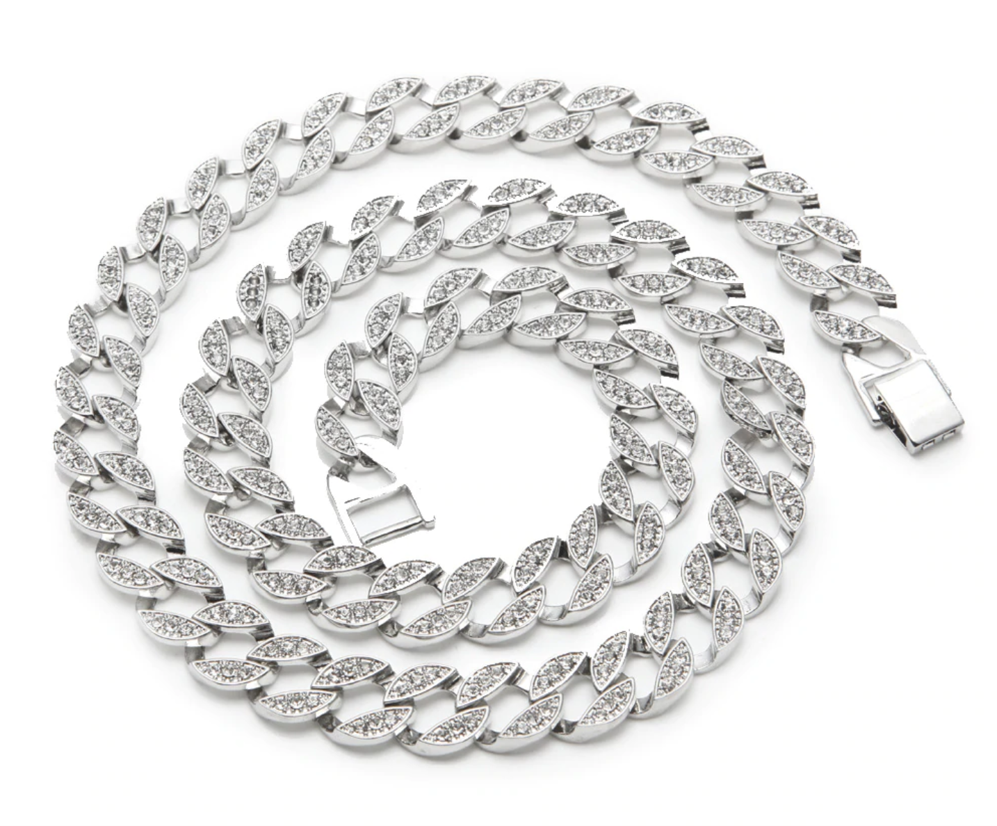 Silver Cuban Link Necklace Bust Down Crystal Jewelry Diamond Hip Hop Chain