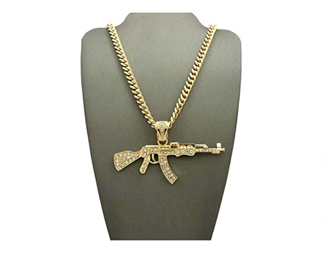 AK-47 Gun Pendant Necklace AK-47 Diamond Chain Silver Hip Hop Bling Jewelry Gold Color Metal Alloy 24in.