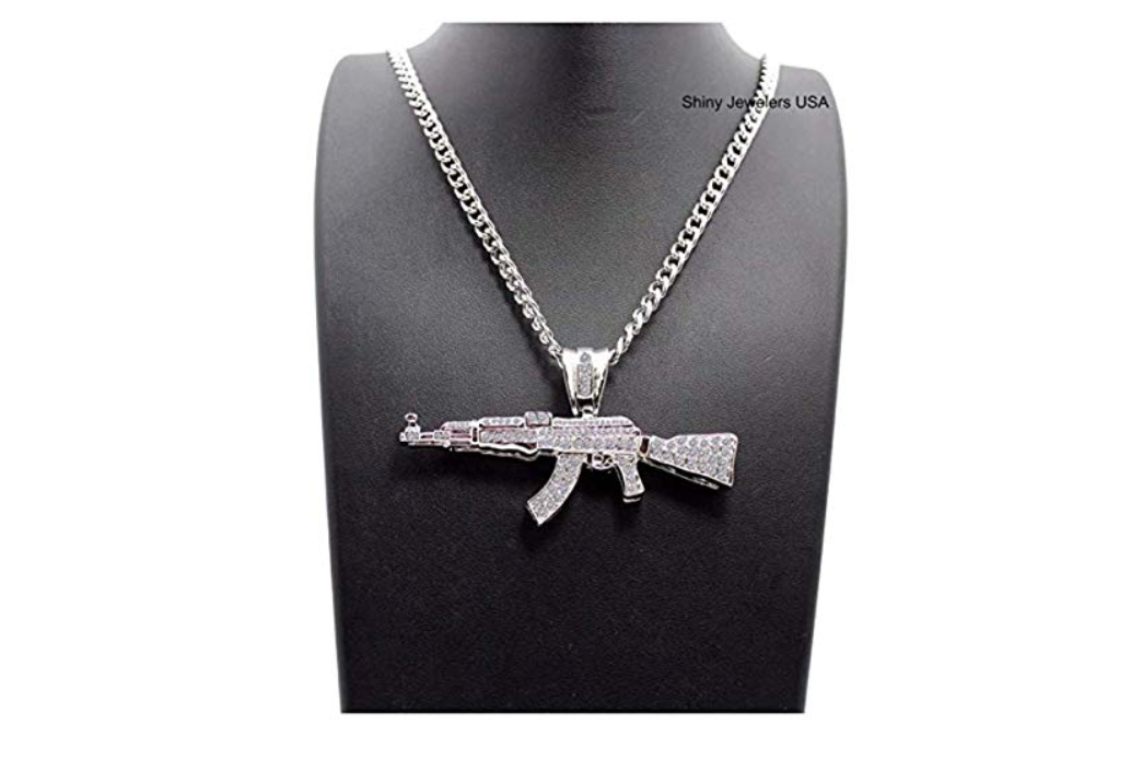 AK-47 Gun Pendant Necklace AK-47 Diamond Chain Silver Hip Hop Bling Jewelry Gold Color Metal Alloy 24in.