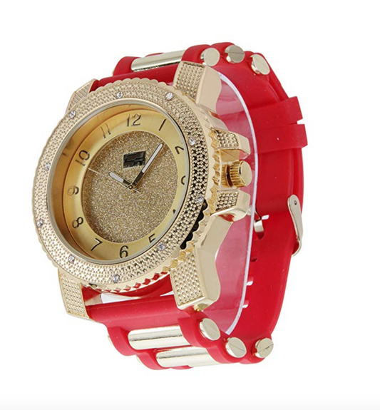 Big Face Bust Down Watch Hip Jewelry Red Band Watch Simulated Diamonds Big Face Gold Color Watch