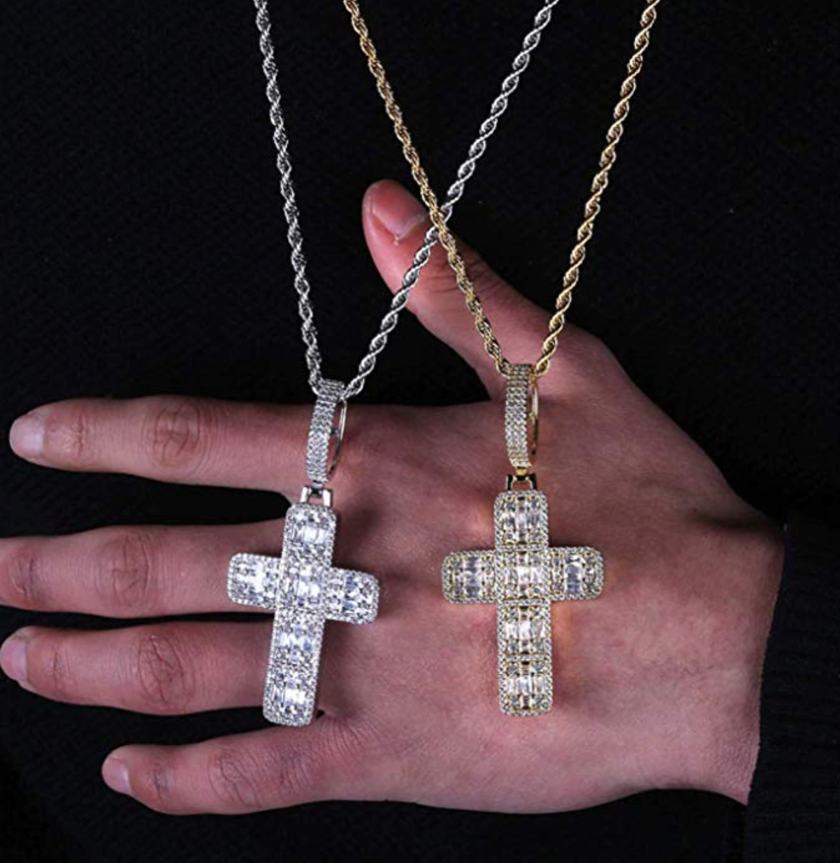 Jesus Cross Baguette Square Hip Hop Cross Diamond Pendant Men Cross Necklace Silver Face 24in