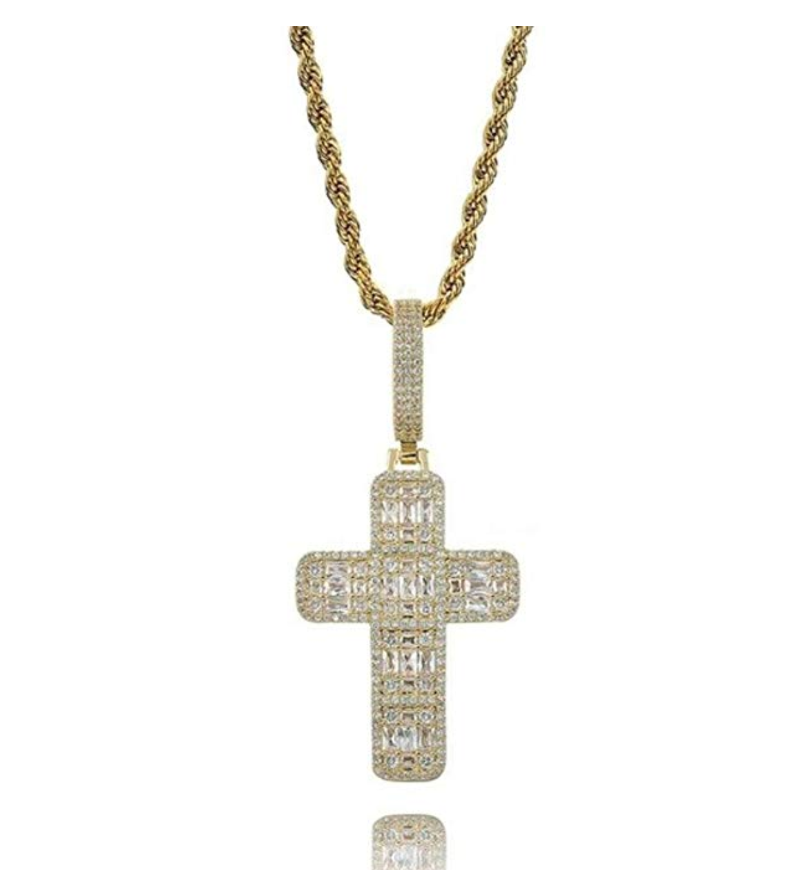 Jesus Cross Baguette Square Hip Hop Cross Diamond Pendant Men Cross Necklace Silver Face 24in