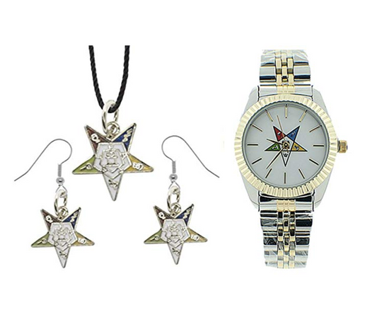 2 Tone Gold Silver OES Gift Necklace Earrings Masonic Jewelry Watch Order of The Eastern Star Mason