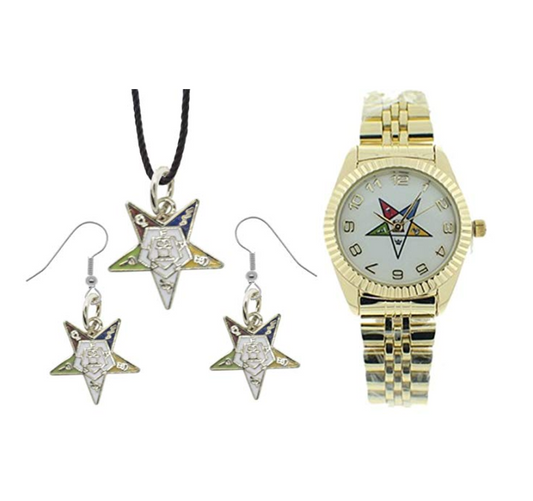 Gold OES Gift Necklace Earrings Masonic Star Freemason Jewelry Women's Watch Order of The Eastern Star
