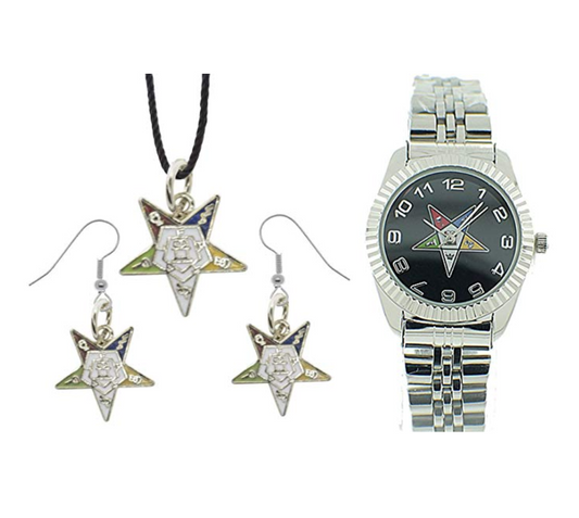 Silver Women's Watch Order of The Eastern Star OES Gift Necklace Earrings Masonic Star Freemason Jewelry