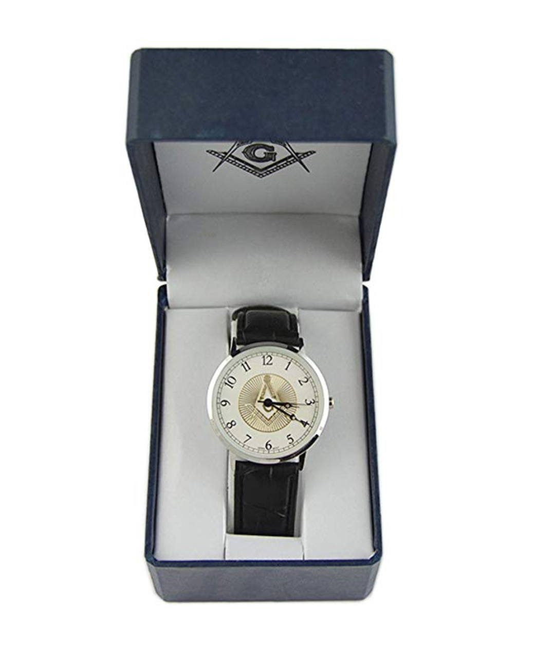 Freemason Watch Masonic Regalia Jewelry Black Leather Band Gold Compass & Square Gift Box
