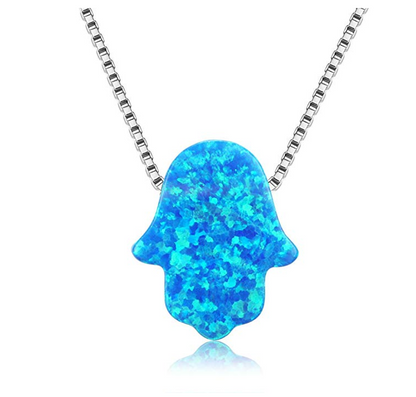 Fire Opal Lucky Fatima Necklace Blue Jewelry Charm Islamic Hamsa Hand Muslim Jewelry Jewish Yoga 18in.