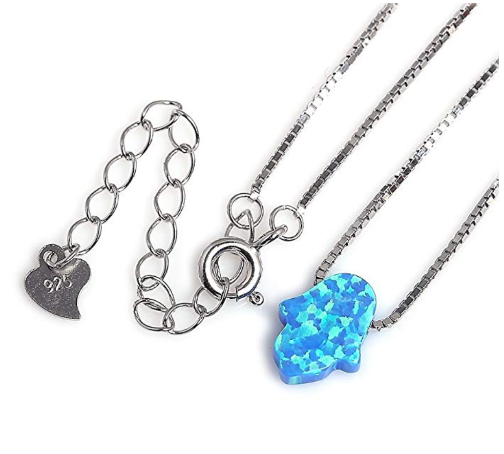 Fire Opal Lucky Fatima Necklace Blue Jewelry Charm Islamic Hamsa Hand Muslim Jewelry Jewish Yoga 18in.