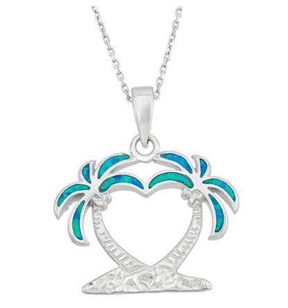 925 Sterling Silver Palm Tree Necklace Gold Opal Double Crystal Bahamas Jewelry Summer Beach Hawaii Topaz Blue Breeze Necklace Tropical Gift 20in.
