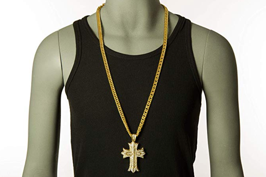 Jesus Cross Necklace Iced Out Holy Cross Gold Simulated Diamond Pendant Hip Hop Chain Silver Color Metal Alloy 30in.