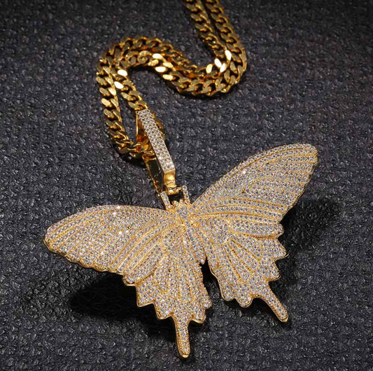 Butterfly Necklace Simulated Diamond Butterfly Pendants Chain Butterfly Necklace Iced Out Hip Hop Chain Silver Gold Color Metal Alloy 24in