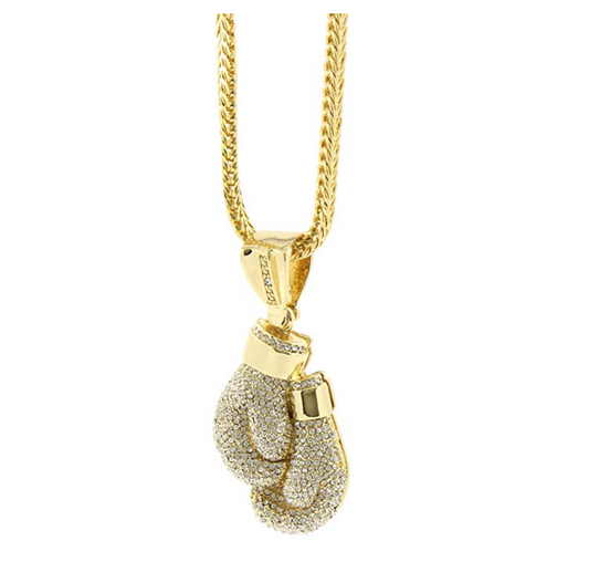 Boxing Gloves Necklace Boxing Gloves Chain Boxing Jewelry Gold Color Metal Alloy Simulated Diamond 24in.