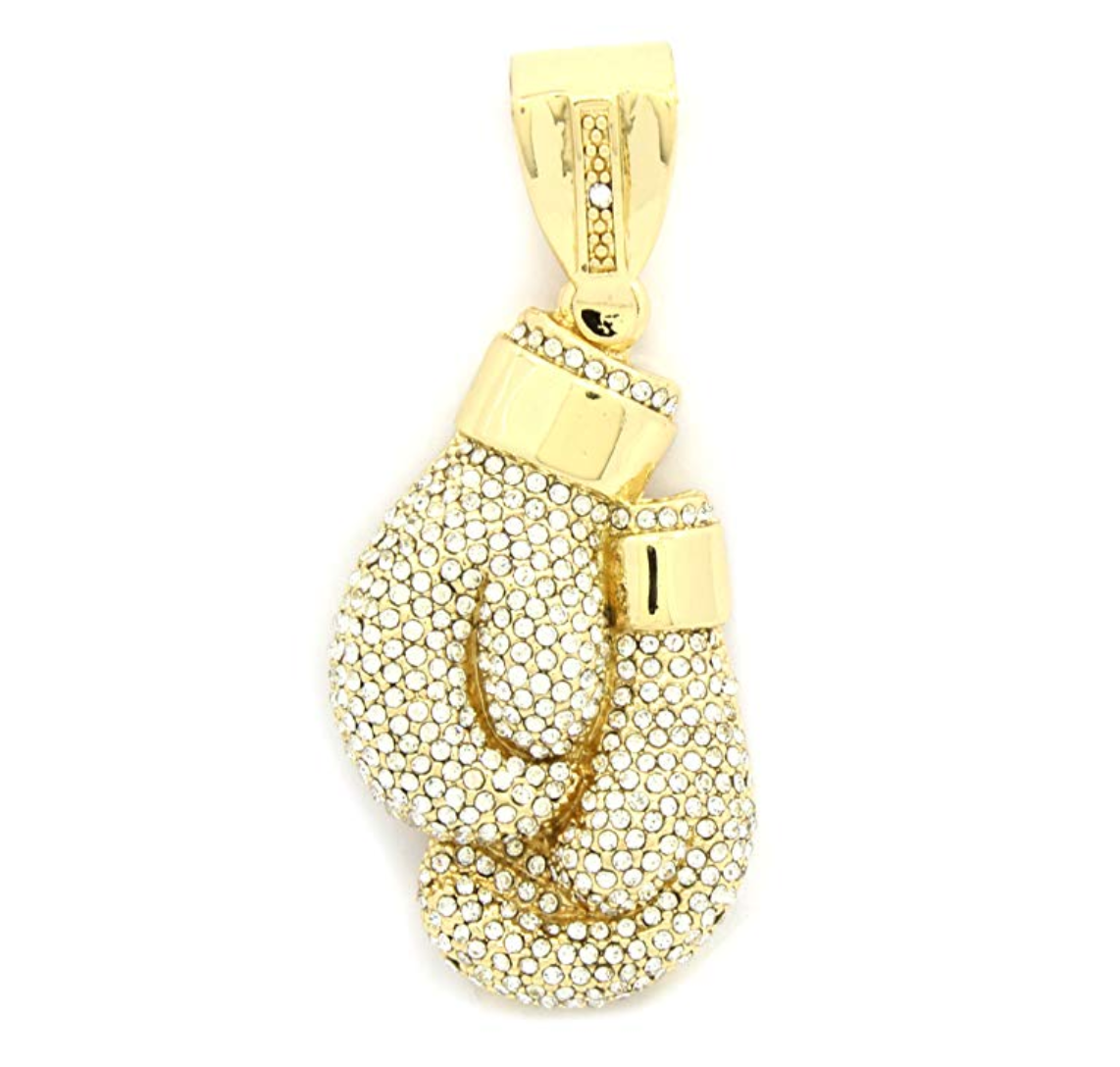 Boxing Gloves Necklace Boxing Gloves Chain Boxing Jewelry Gold Color Metal Alloy Simulated Diamond 24in.