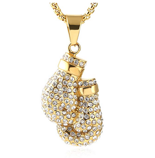 Boxing Gloves Gold Chain Color Metal Alloy Simulated Diamond Boxing Jewelry Boxing Gloves Chain Diamond Boxing Glove Necklace 24in.