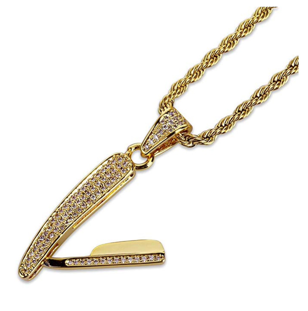 Razor Necklace Barber Jewelry Barbershop Chain Razor Blade Chain Barber Clippers Necklace Gold Tone Simulated-Diamond 24in