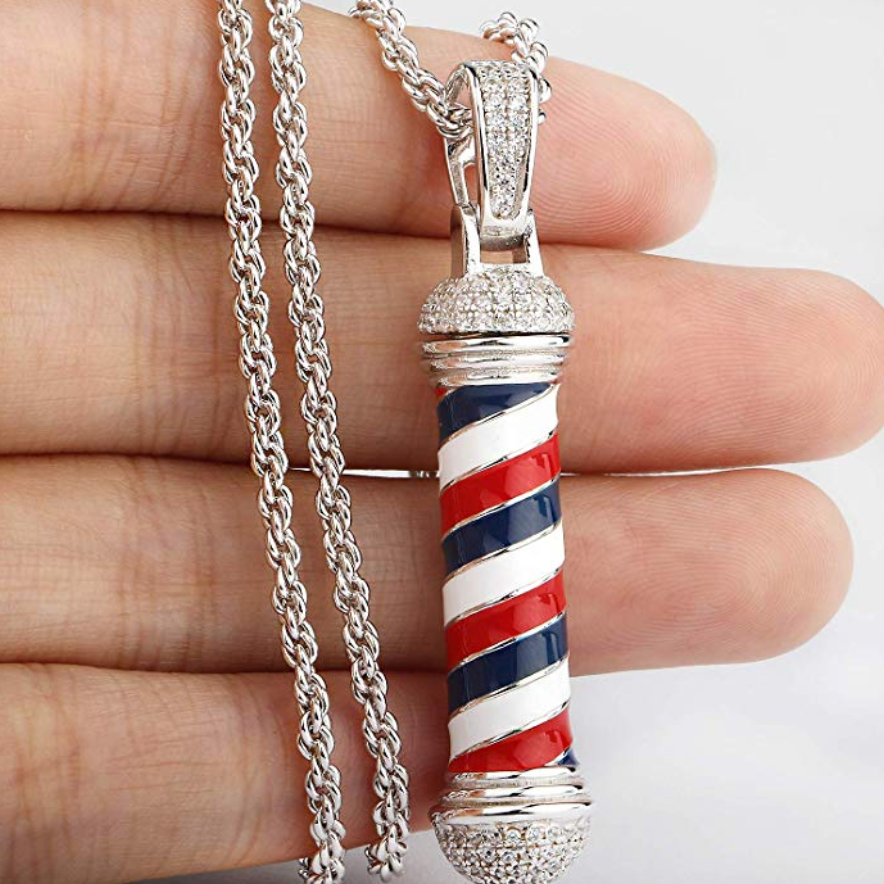 Barber Pole Jewelry Simulated Diamond Barber Chain Silver Gold Color Metal Alloy Necklace Clippers Razor Barbershop Pendant 24in