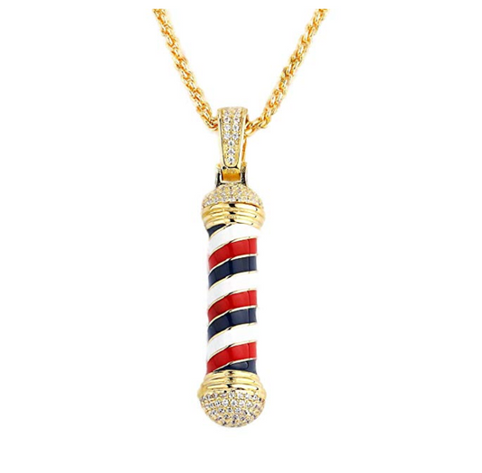 Barber Pole Jewelry Simulated Diamond Barber Chain Silver Gold Color Metal Alloy Necklace Clippers Razor Barbershop Pendant 24in