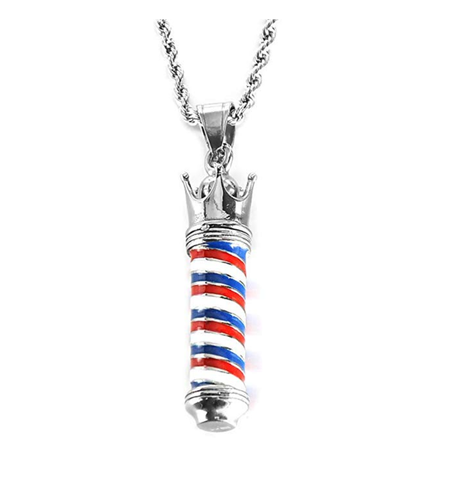 Crown King Barber Pole Jewelry Barber Chain Necklace Clippers Razor Barbershop Pendant 24in