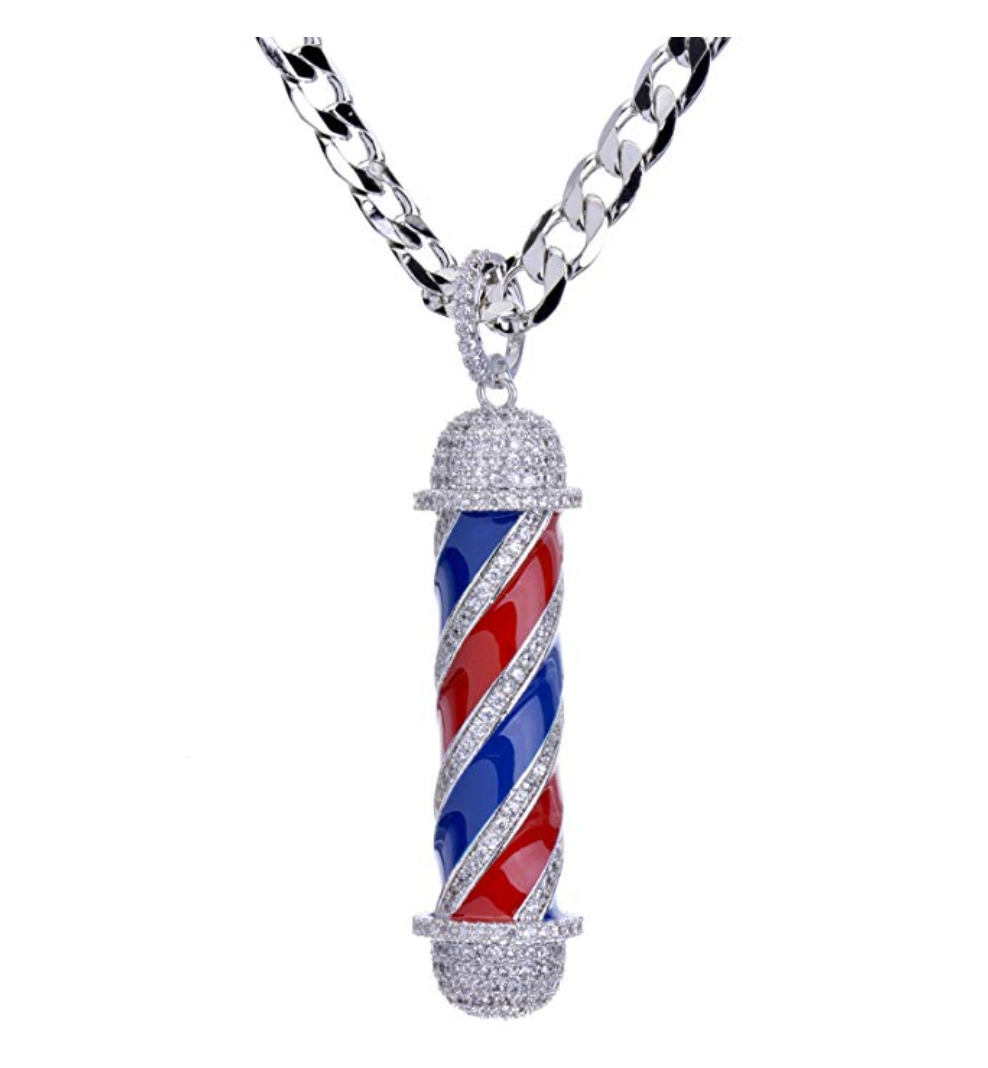 Barber Pole Cuban Link Chain Jewelry Simulated Diamond Barber Silver Necklace Clippers Razor Barbershop Pendant Silver Color Metal Alloy 24in