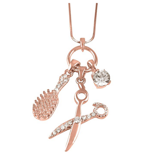 Rose Gold Hair Brush Scissors Necklace Cosmetologist Jewelry Hair Stylist Chain Hairdresser Salon 23in.