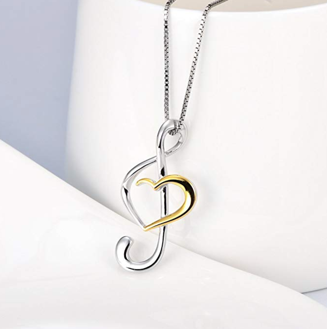 925 Sterling Silver Heart of Treble Clef Music Note Necklace Musical Note Pendant Chain Singer Jewelry Gift 20in.