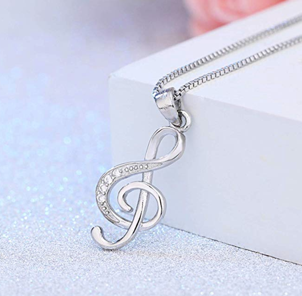 925 Sterling Silver Treble Clef Note Necklace Simulated Diamond Music Note Charm Musician Jewelry Singer Gift 18in.