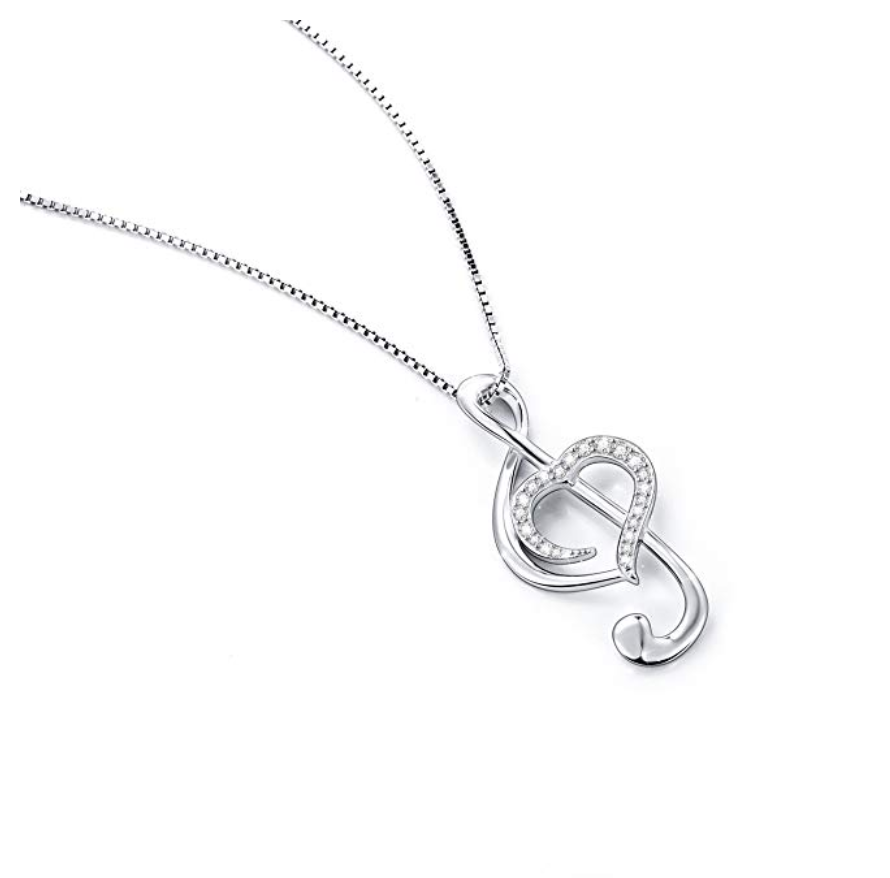 1/4 ct. Simulated Diamond Heart Treble Clef Note Necklace Music Note Charm Musician Jewelry Singer Gift 925 Sterling Silver 20in.