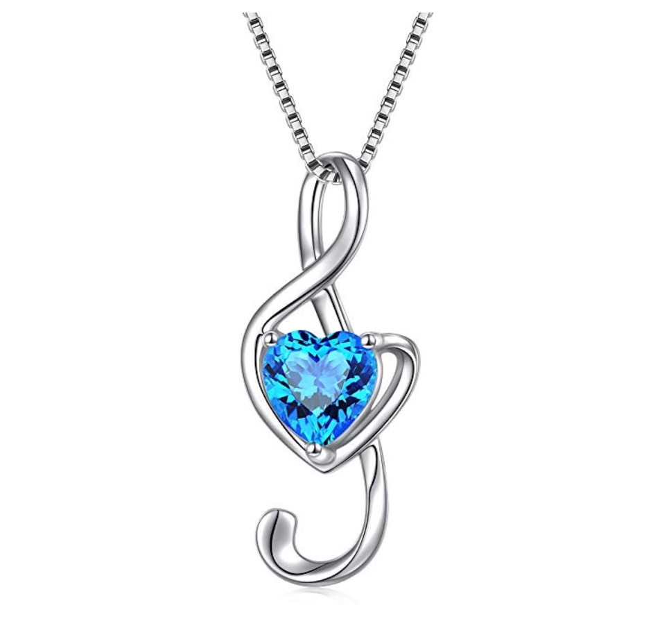 Blue Heart 925 Sterling Silver Treble Clef Note Necklace Simulated Diamond Music Charm Musician Jewelry Singer Gift 18in.