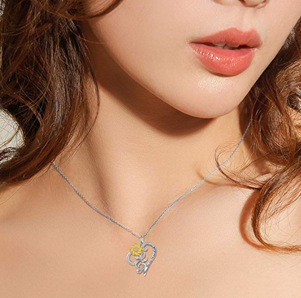 925 Silver Flower Necklace Treble Clef Simulated Diamond Heart Note Music Flower Pendant Mothers Day Anniversary Jewelry Singer Gift 20in.