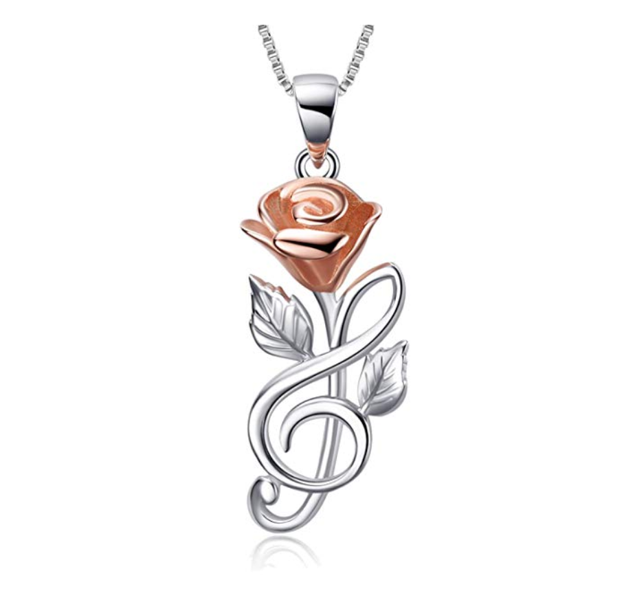 925 Sterling Silver Rose Treble Clef Necklace Flower Music Note Jewelry Mother's Day Gift 20in.