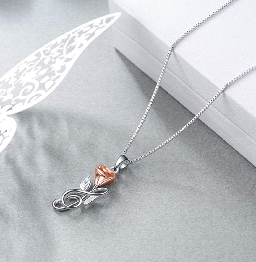 925 Sterling Silver Rose Treble Clef Necklace Flower Music Note Jewelry Mother's Day Gift 20in.
