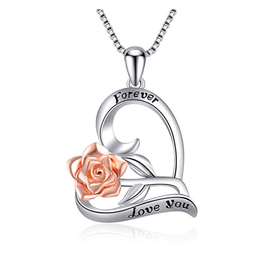 925 Sterling Silver I Love You Heart Rose Necklace Flower Jewelry Gift Rose Mothers Day Anniversary Chain 20in.