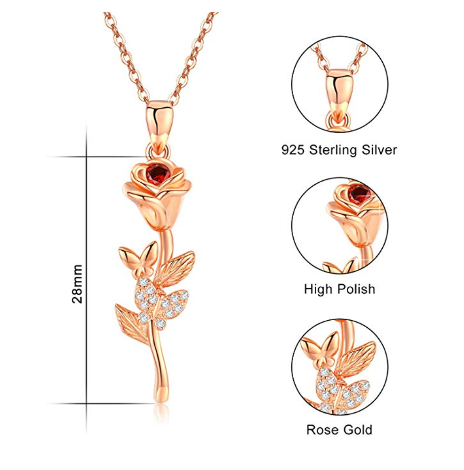 Flower Rose Necklace Charm Jewelry Singer Mother's Day Anniversary Valentine Gift Simulated Diamond 925 Sterling Silver 18in.