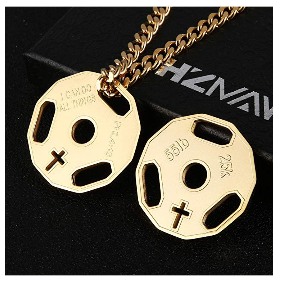 Philippians 4:13 Weight Plate Cross Barbell Necklace Dumbbell Bodybuilding Exercise Workout Pendant Mr. Olympia Chain Gold Stainless Steel 24in.