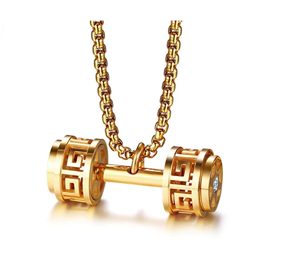 Dumbbell Bodybuilding Gym Necklace Exercise Workout Mr. Olympia Chain Gold Stainless Steel 24in.