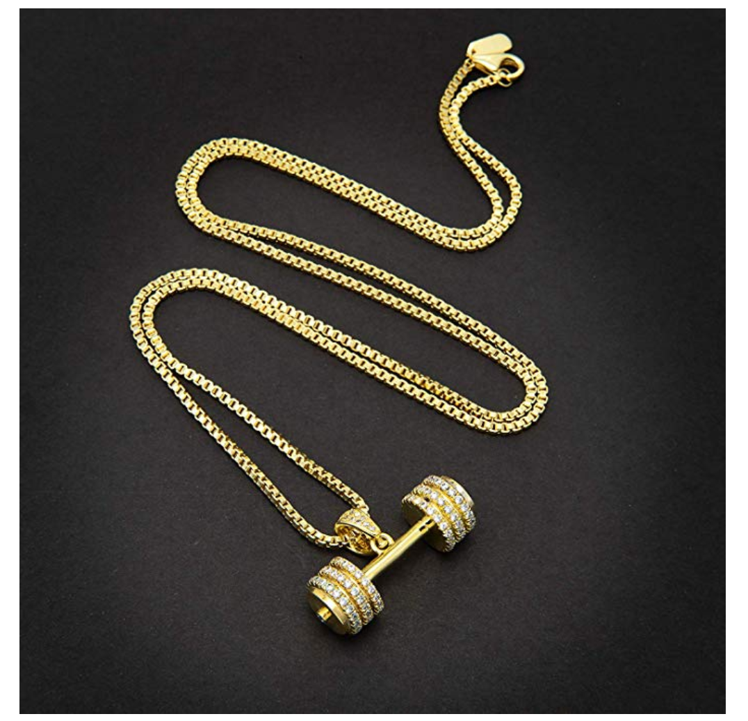 Simulated Diamond Dumbbell Bodybuilding Gym Necklace Exercise Workout Mr. Olympia Chain 24in.