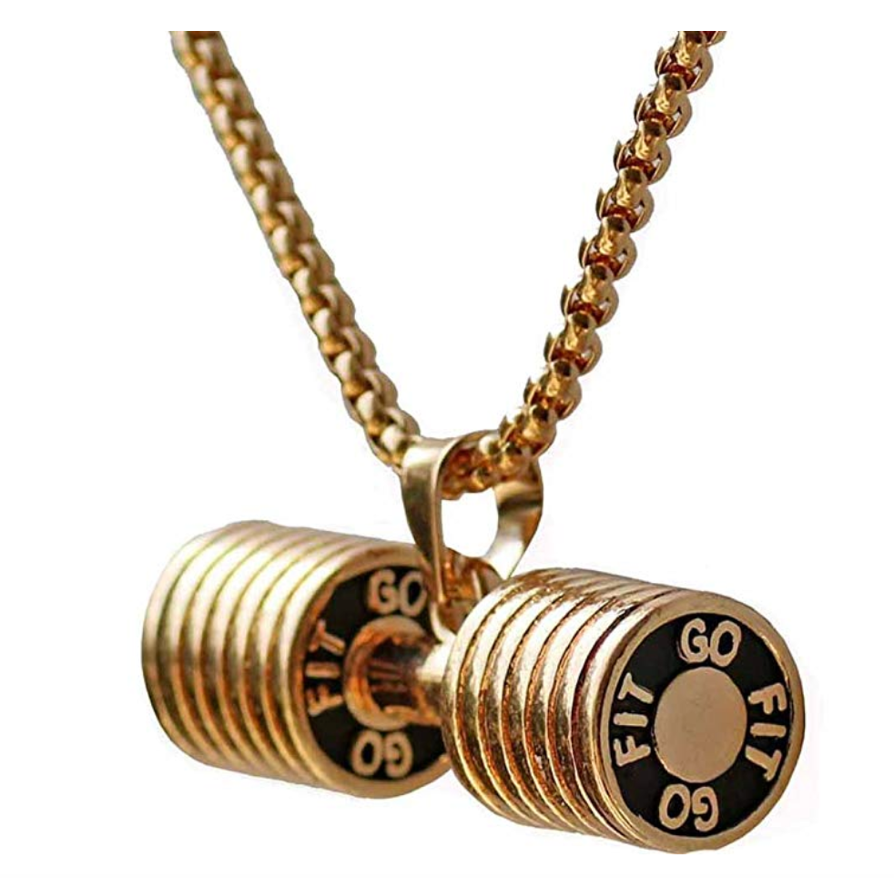 Exercise Chain Workout Pendant Mr. Olympia Chain Gym Dumbbell Bodybuilding Necklace Strongman Gold Color Metal Alloy 24in.