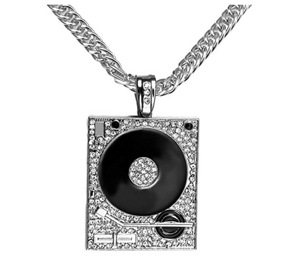 Simulated Diamond DJ Necklace Silver Music Disc Jockey Pendant Rapper Jewelry Hip Hop Gift DJ Gold Chain 35in.