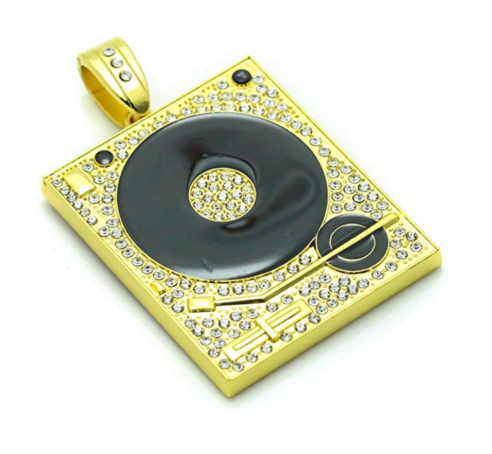 Simulated Diamond DJ Necklace Silver Music Disc Jockey Pendant Rapper Jewelry Hip Hop Gift DJ Gold Chain 35in.